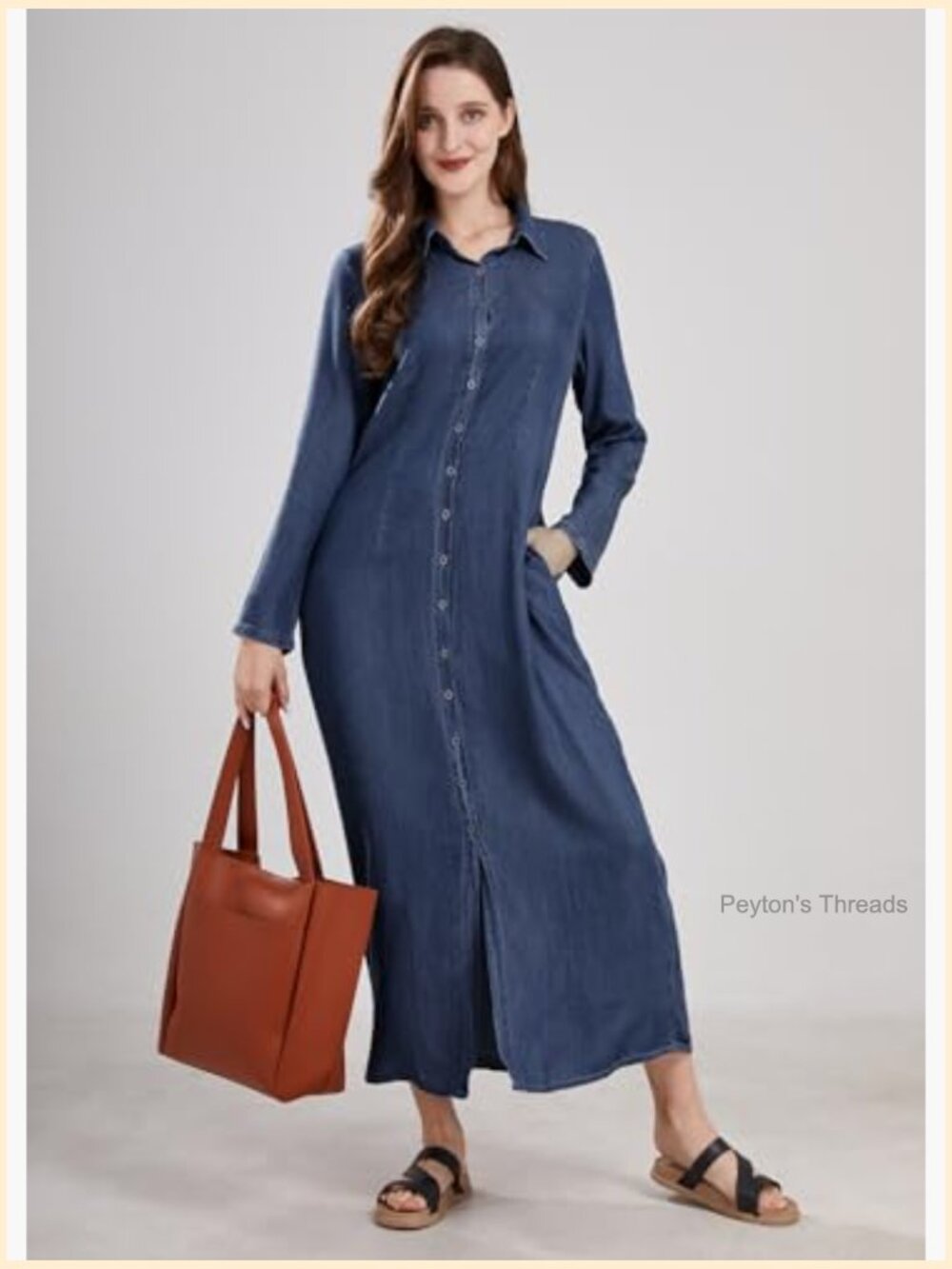 Womens Casual Button Down Denim Maxi Dress Long Sleeve with Pockets - Picture 4 of 7